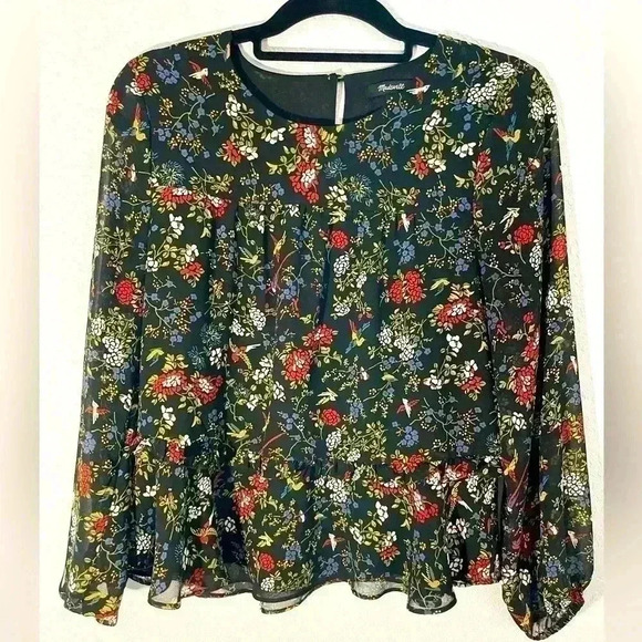 Madewell Finch Floral Ruffle Shirt Birds Black Chiffon Long Sleeve Blouse Top S - Picture 1 of 10